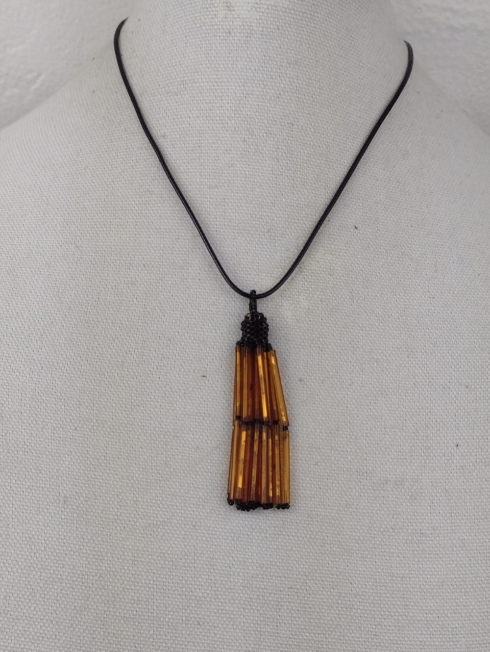 Dark Amber & Black Beaded Tassel Pendant Cord Necklace